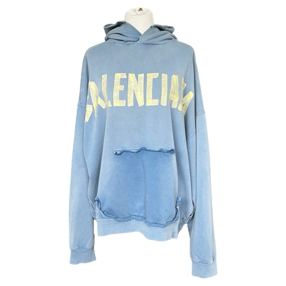 Balenciaga Men's Logo Tape Distressed Ripped Pocket Hoodie Oversized Faded Blue - Picture 8 of 15